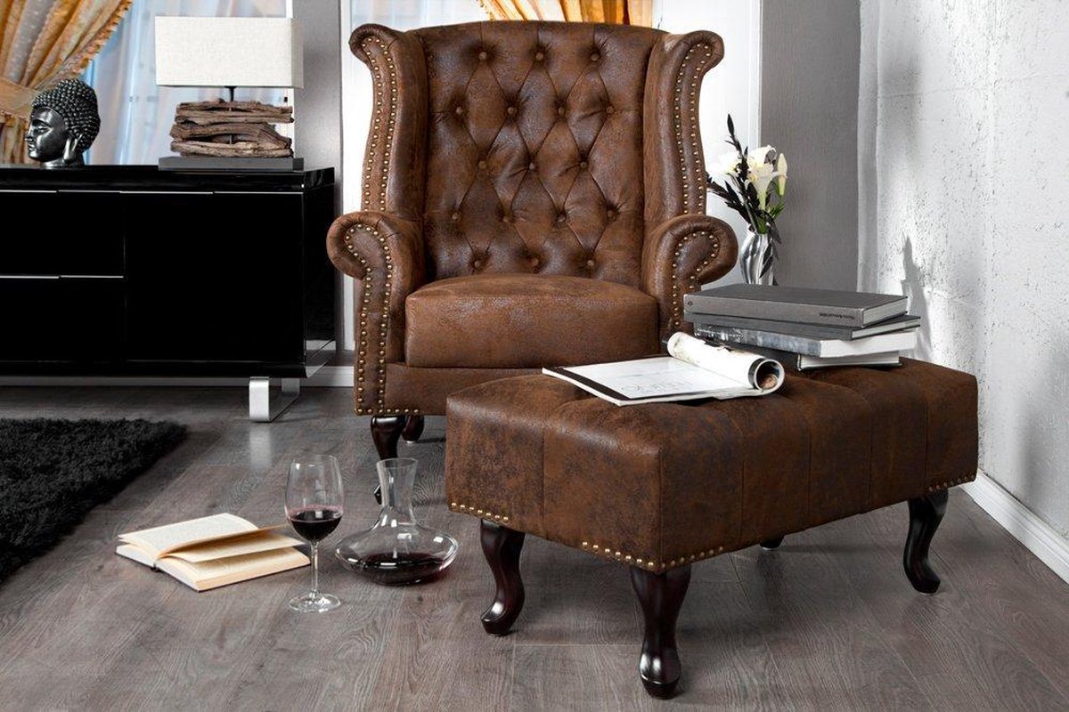 Hocker Model: Chesterfield - Antiek bruin (suede look)