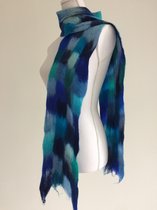 Handgemaakte, gevilte sjaal van 100% merinowol - Blauw / Groen geblokt 196 x 18 cm. Stijl open gevilt.