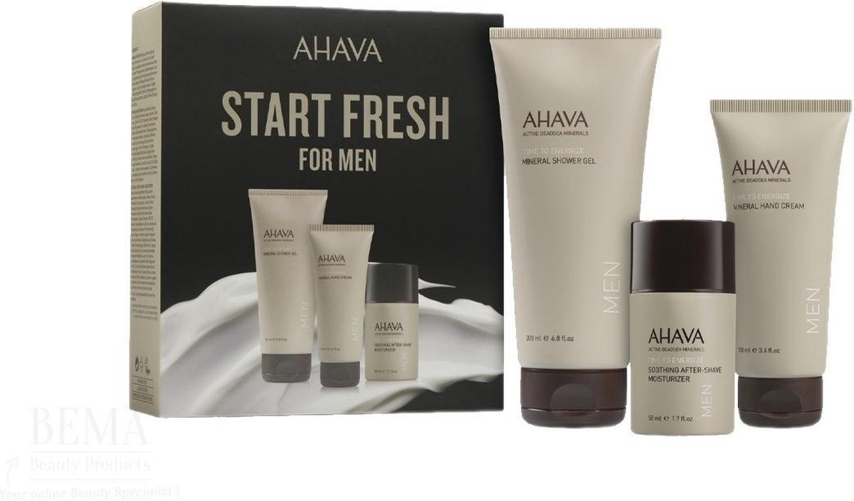 Goedkoopste AHAVA Set voor Mannen - Douchegel, Handcreme & Aftershave | Vegan & Vrij van Alcohol en Parabenen | Verwenbox voor heren | Geschenkmand met verzorgingsproducten | Hydrateert droge handen - Set van 3