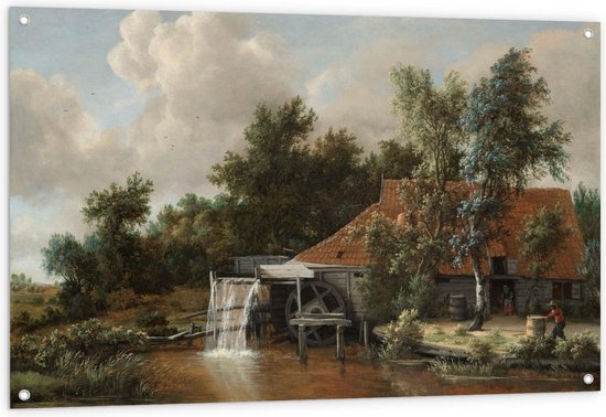 Tuinposter – Oude Meesters - Een watermolen, Meindert Hobbema, ca. 1664 - 120x80cm Foto op Tuinposter  (wanddecoratie voor buiten en binnen)