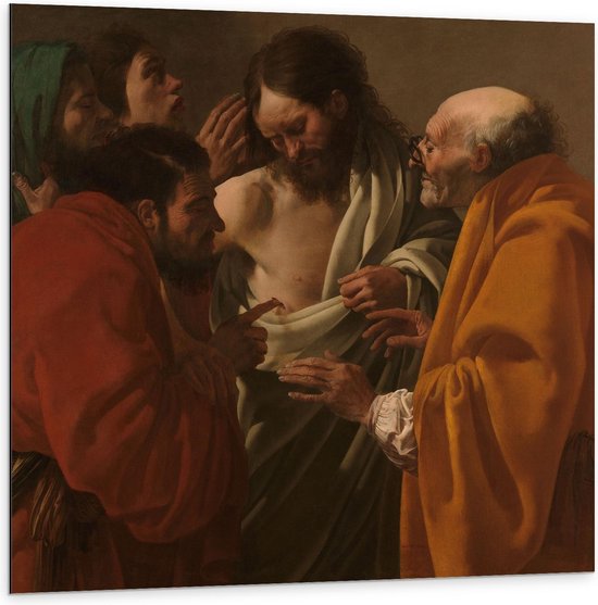 Dibond - Oude Meesters - De ongelovige Thomas, Hendrick ter Brugghen, ca. 1622 - 100x100cm Foto op Aluminium (Met Ophangsysteem)