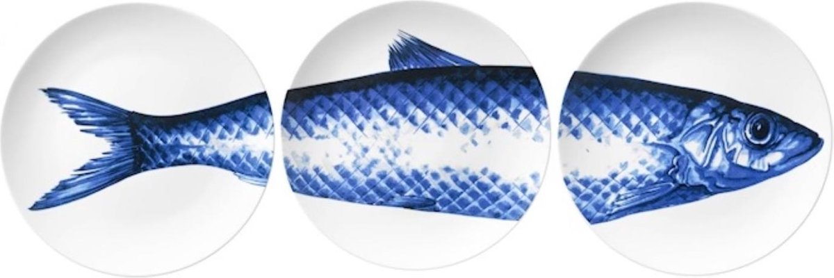 Wandborden met vis - ⌀ 26 cm - 3 delen - Delfts blauw - sierbord - decoratiebord - wanddecoratie - vis decoratie - muurdecoratie - keuken decoratie