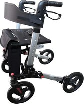 Rollator Mobinova Compact 2.0 Zilver, lichtgewicht, allround, dubbel en klein opvouwbaar. Geen remkabels zichtbaar. Inclusief tas en dienblad