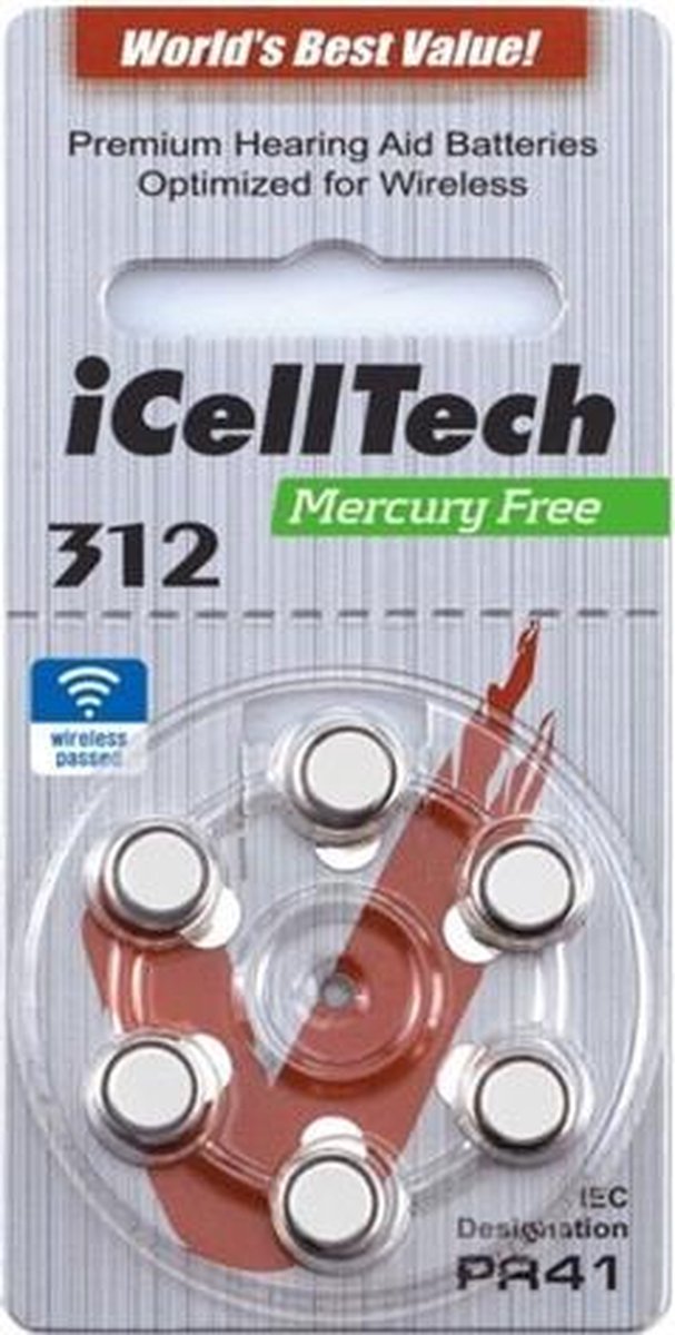 I CELL TECH MERCURY FREE 312 | hoortoestel batterij p312 | Bruine sticker | meest gangbare hoortoestel batterij | gehoorapparaat