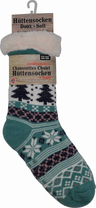 Kerstsokken - Happy dames huissokken - Extra Warm en zacht - Anti-Slip - Huttensocken Turquoise- one size