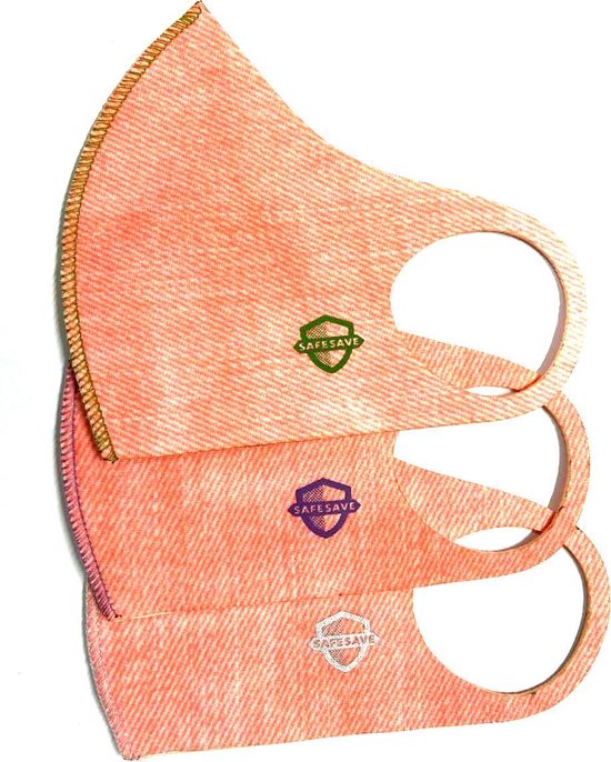 SafeSave kinderen denim jeans modieuze mondkapje- Herbruikbaar en wasbaar design mondkapjes - 100% neopreen stoffen masker- niet medisch mondmasker-Ov/Basis school verplicht unisex kinderen/jongeren 8 tot 13 jaar gezichtsmasker-3 stuks verpakt-Roze