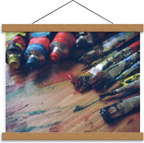 Schoolplaat – Verf Materialen op Vieze Tafel - 40x30cm Foto op Textielposter (Wanddecoratie op Schoolplaat)