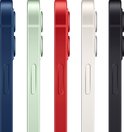 Zijaanzicht van vijf iPhones in verschillende kleuren: blauw, groen, rood, crème en zwart.