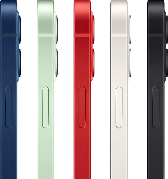 Zijaanzicht van vijf iPhones in verschillende kleuren: blauw, groen, rood, crème en zwart.