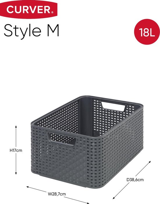 Grijze Curver Style M opbergmand van 18L, met afmetingen H17cm, B28,7cm, D38,6cm.