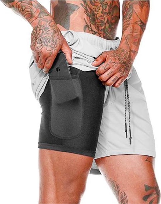 MW Sports Shorts for Men - Pantalon de gym avec poche intérieure pour mobile - Short 2 en 1 Pocket - Running, Fitness, Sports shorts - Quick Dry - Mobile Pocket (Gris - Taille L)
