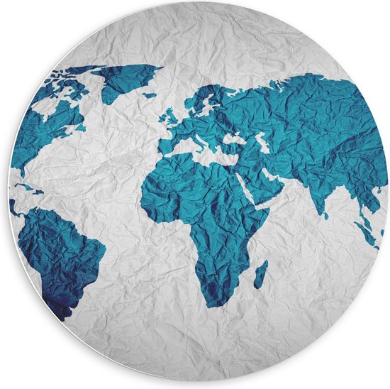 Forex Wandcirkel - Blauwe Wereld op Witte Kaart - 60x60cm Foto op Wandcirkel (met ophangsysteem)
