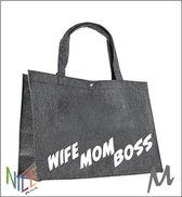 Vilten tas - shopper  WifeMomBoss  grijs 45x15x34cm