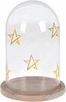 Glazen stolp op houten plateautje met gouden sterren (kerststolp) 19 x Ø 13,5 cm
