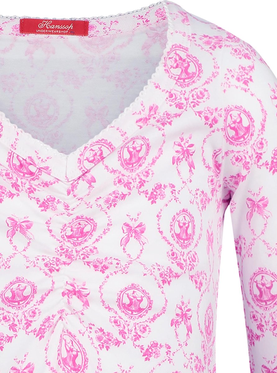 Exclusief Luxueus Kinder nachtkleding Luxe mooi zacht roze Girly Nachthemd van Hanssop met verfijnde rand details en luxe mouw verwerking, Meisjes nachthemd, roze bloem print, maat 104