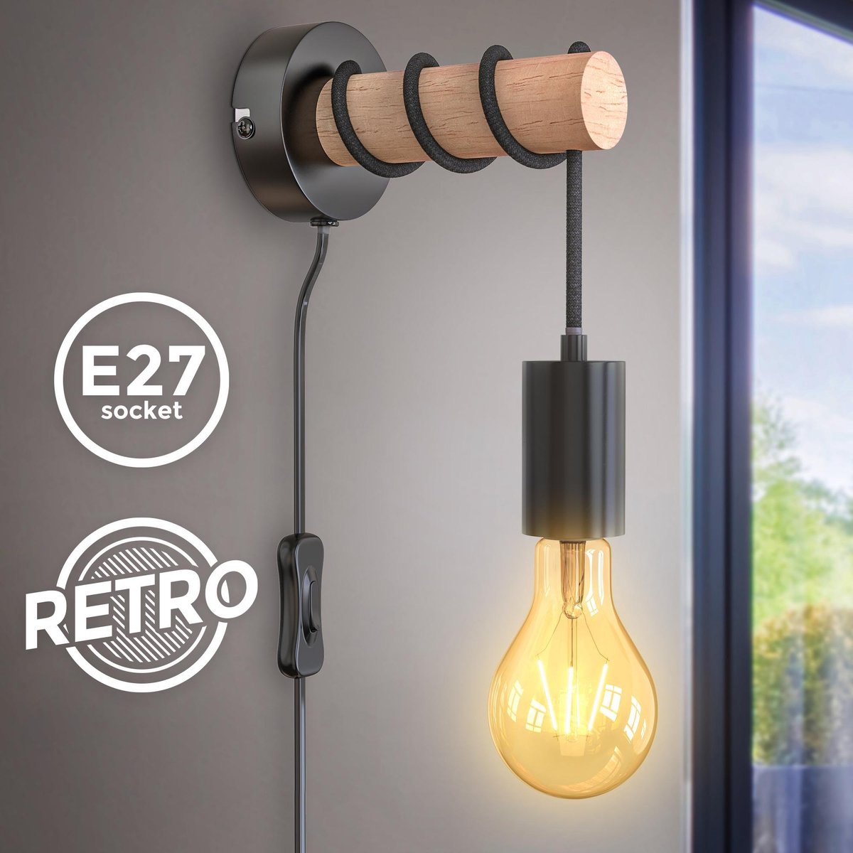 B.K.Licht Wandlamp industrieel zwart hout vintage