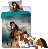 Paarden dekbedovertrek set 140 x 200 cm, incl. super zachte paarden knuffel - 60 cm - bruin/wit - met verzorging set -kinderen slaapkamer - eenpersoons dekbed