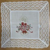 Kerst - Tafelkleed - Linnenlook - Broderie - Off White met kant en rode kaarsen - Vierkant 40 cm