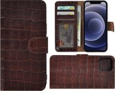 Iphone 12 Hoesje - Leder Bookcase - iPhone 12 Book Case Wallet Echt Leer Croco Bruin Cover