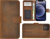 Geschikt voor Iphone 12 Hoesje - Leder Bookcase - 12 Hoesje Book Case Wallet Echt Leer Antiek Bruin Cover