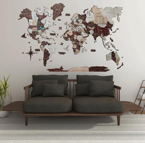 Wereldkaart en bois 3D - Cappuccino - XXL (300 x 170 cm)