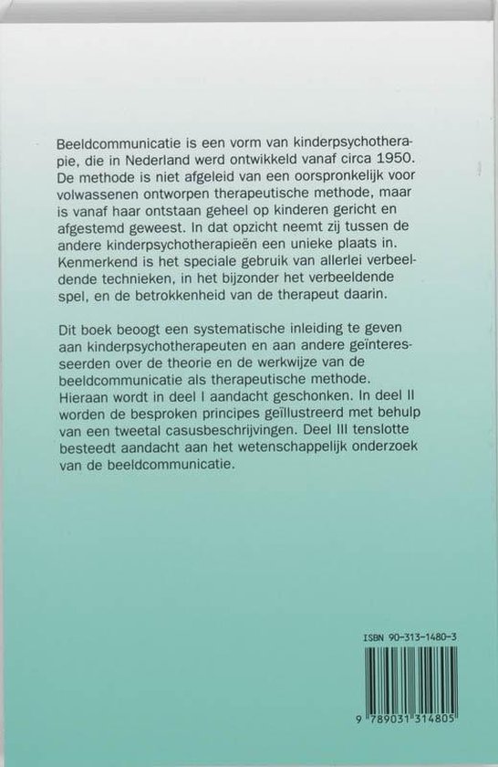 Boek "Beeldcommunicatie - Een vorm van kinderpsychotherapie". Achterkant met tekst. ISBN 90-313-1480-3.