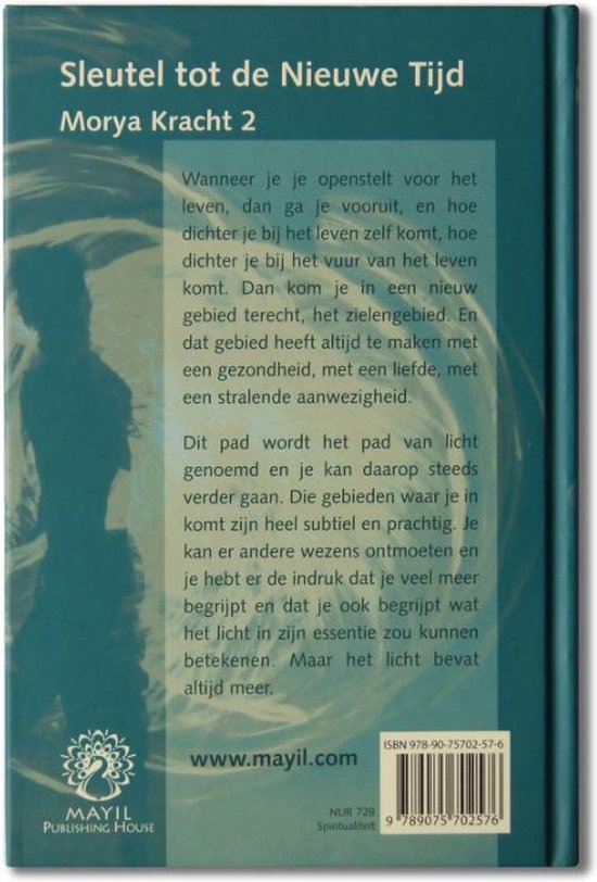 Achterkant boek 'Sleutel tot de Nieuwe Tijd'. Bevat tekst over de weg naar het licht, met een pauw logo en Mayil Publishing House.