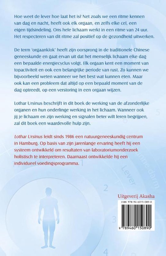Achterpagina van een boek met informatie over de 'orgaanklok' en de auteur Lothar Ursinus.