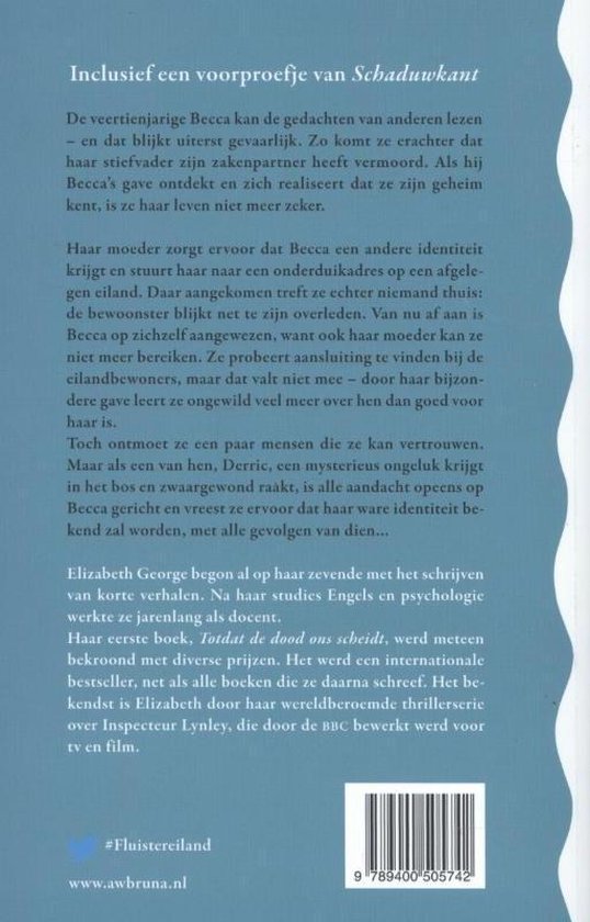 Achterkant van het boek 'Stormgevaar' met een samenvatting van het verhaal en informatie over de auteur. #Fluistereiland staat onderaan.