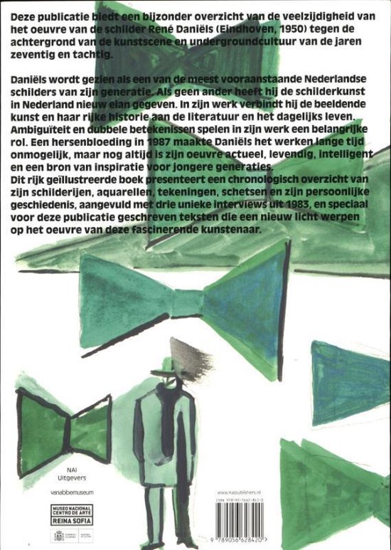 Achterkant van een boek met een illustratie van een man met twee grote groene strikken en de tekst 'NAI Uitgevers'.