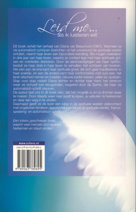 Boek "Leid me... als ik luisteren wil!" met een witte, sierlijke tekst op een blauwe achtergrond. Een ISBN-nummer en website staan onderaan.