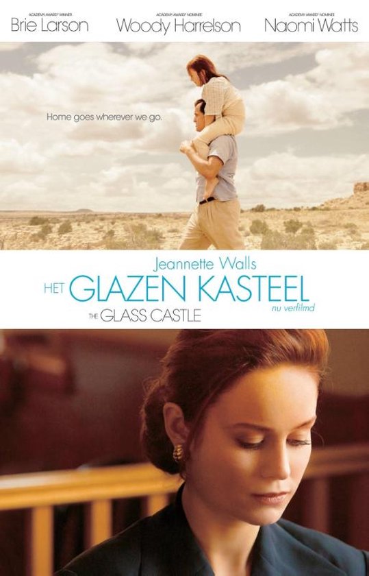 Film affiche voor "Het Glazen Kasteel" met Brie Larson, Woody Harrelson en Naomi Watts.