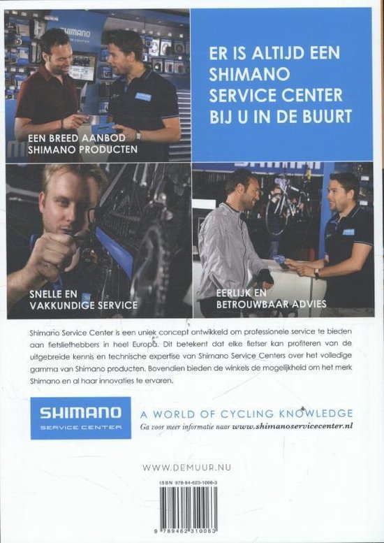 Achterkant van 'De Muur' met foto's van Shimano Service Centers en een fietsmonteur.