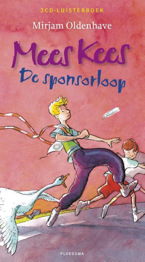 Boekomslag met kinderboekillustratie van twee jongens en een gans, met de titel 'Mees Kees De sponsorloop'.