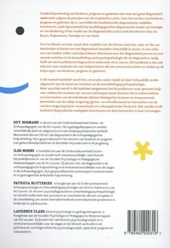 Achterkant van het boek met tekst over diagnostiek en biografieën van de auteurs.