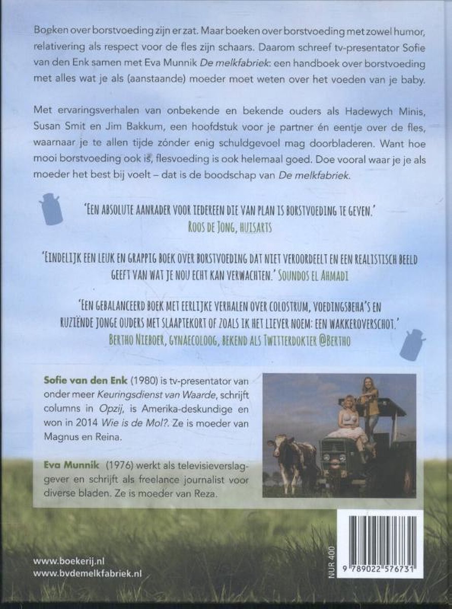 Boek met borstvoedingsverhalen. Een vrouw en een koe staan op de achterkant.