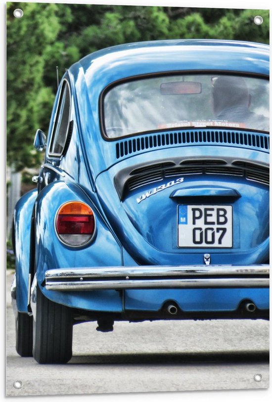 Tuinposter – Blauwe Oude Auto Achterkant - 60x90cm Foto op Tuinposter  (wanddecoratie voor buiten en binnen)