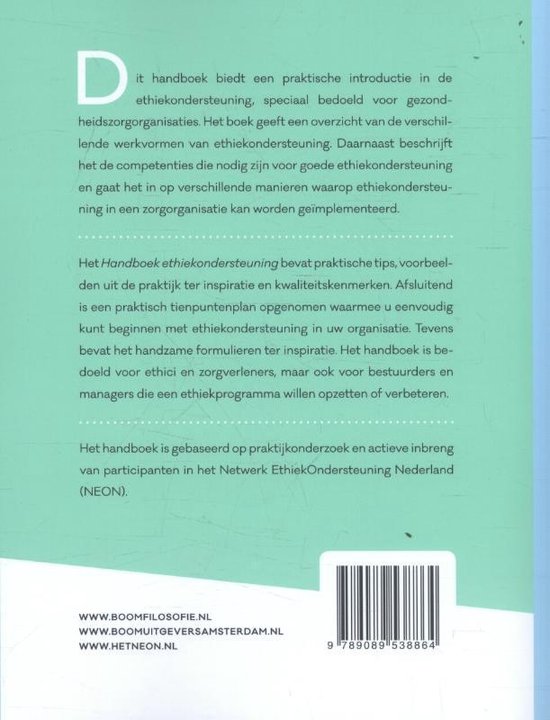Achterkant van een boek met tekst over "Handboek ethiekondersteuning". Links bovenaan een grote letter D. Onderaan een prijscode en ISBN.