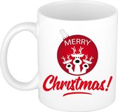 Cadeau kerstmok Merry Christmas kerstbal met rendieren - 300 ml - keramiek - koffiemok / theebeker - Kerstmis - kerstcadeau