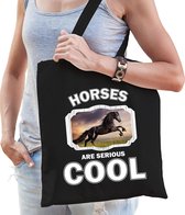 Dieren zwart paard  katoenen tasje volw + kind zwart - horses are cool boodschappentas/ gymtas / sporttas - cadeau paarden fan