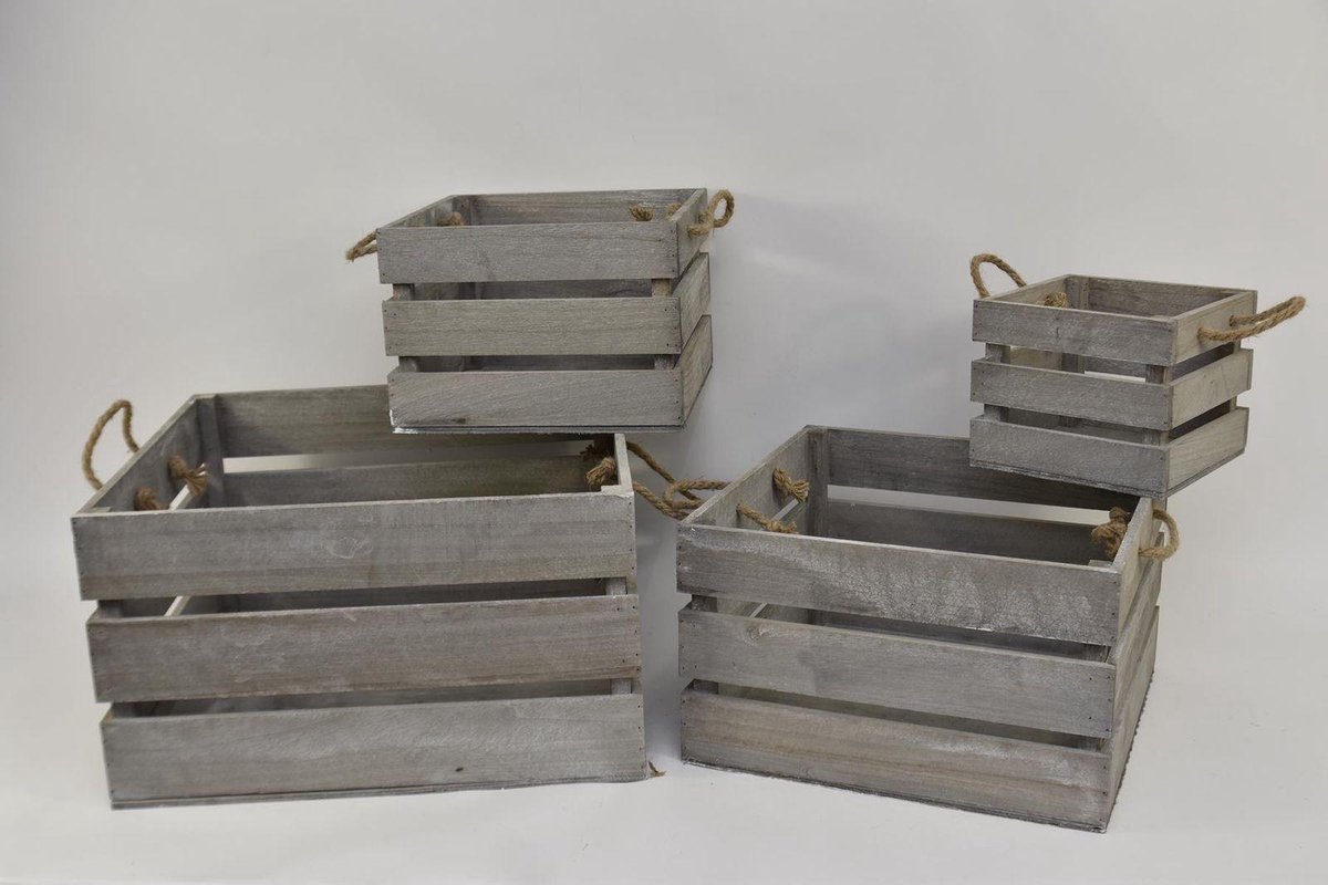 Set/4 houten kisten vierkant met jute oren 50x50x28cm grijs | Decoratie