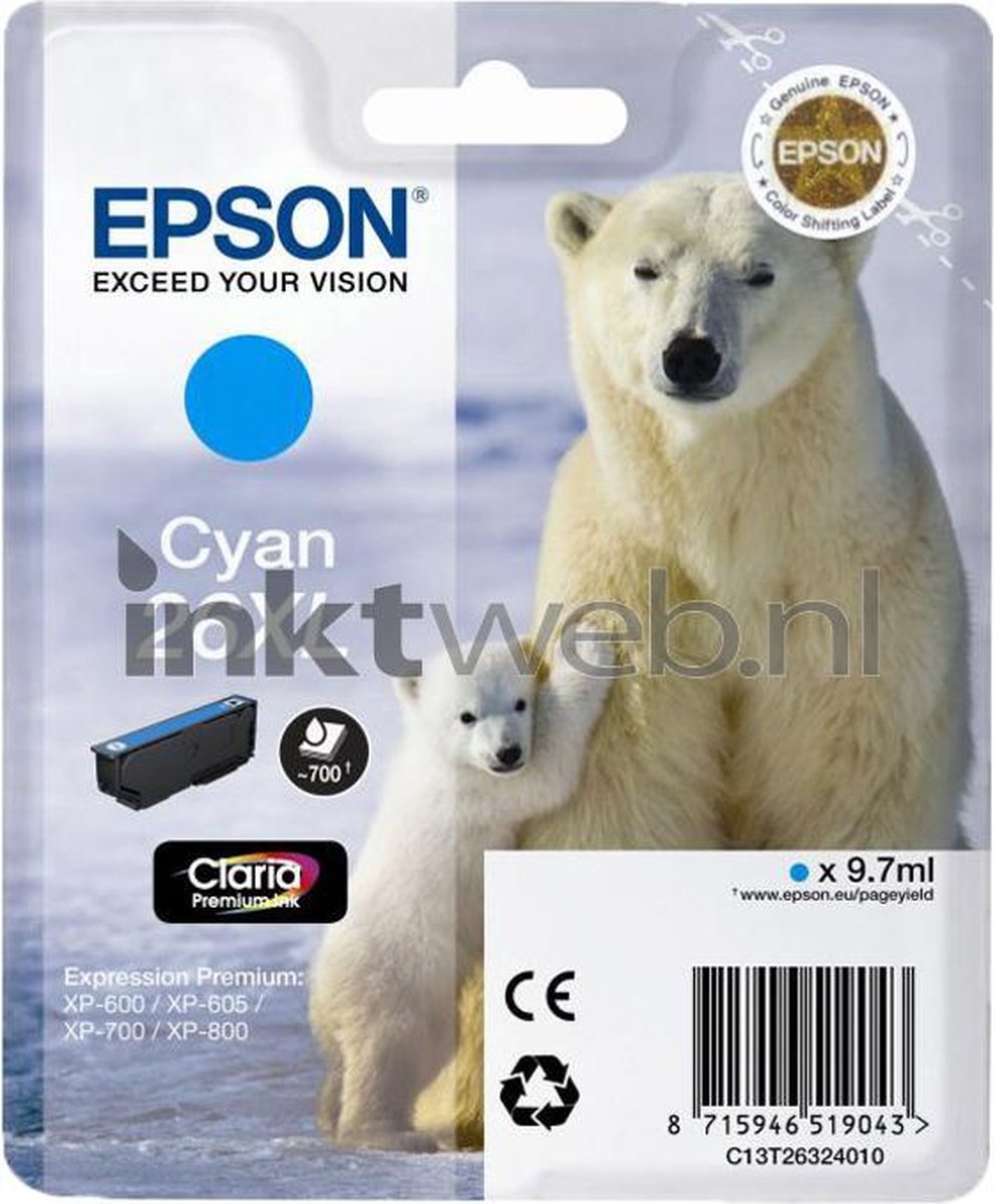 Epson 26XL (T2632) - Inktcartridge / Cyaan / Hoge Capaciteit