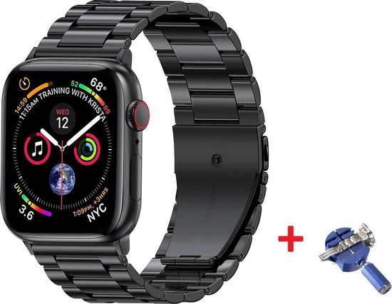 Luxe Metalen Armband Geschikt Voor Apple Watch Series 1/2/3/4/5/6/SE 42/44 mm Horloge Bandje - Geschikt Voor iWatch Schakel Polsband Strap RVS - Met Horlogeband Inkortset - Stainless Steel Watch Band - One-Size - Zwart - AA Commerce