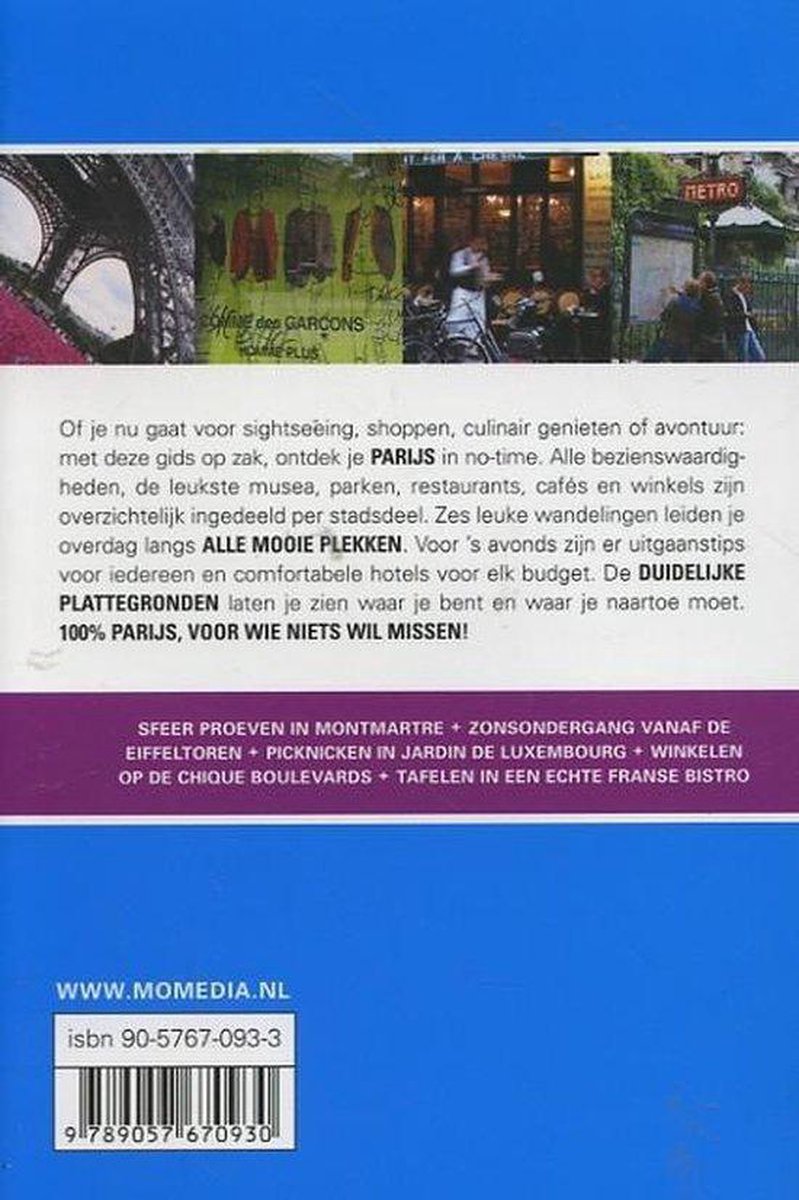 Boekomslag met collage van Parijse bezienswaardigheden, straatscènes en tekst. "100% Parijs, voor wie niets wil missen!"