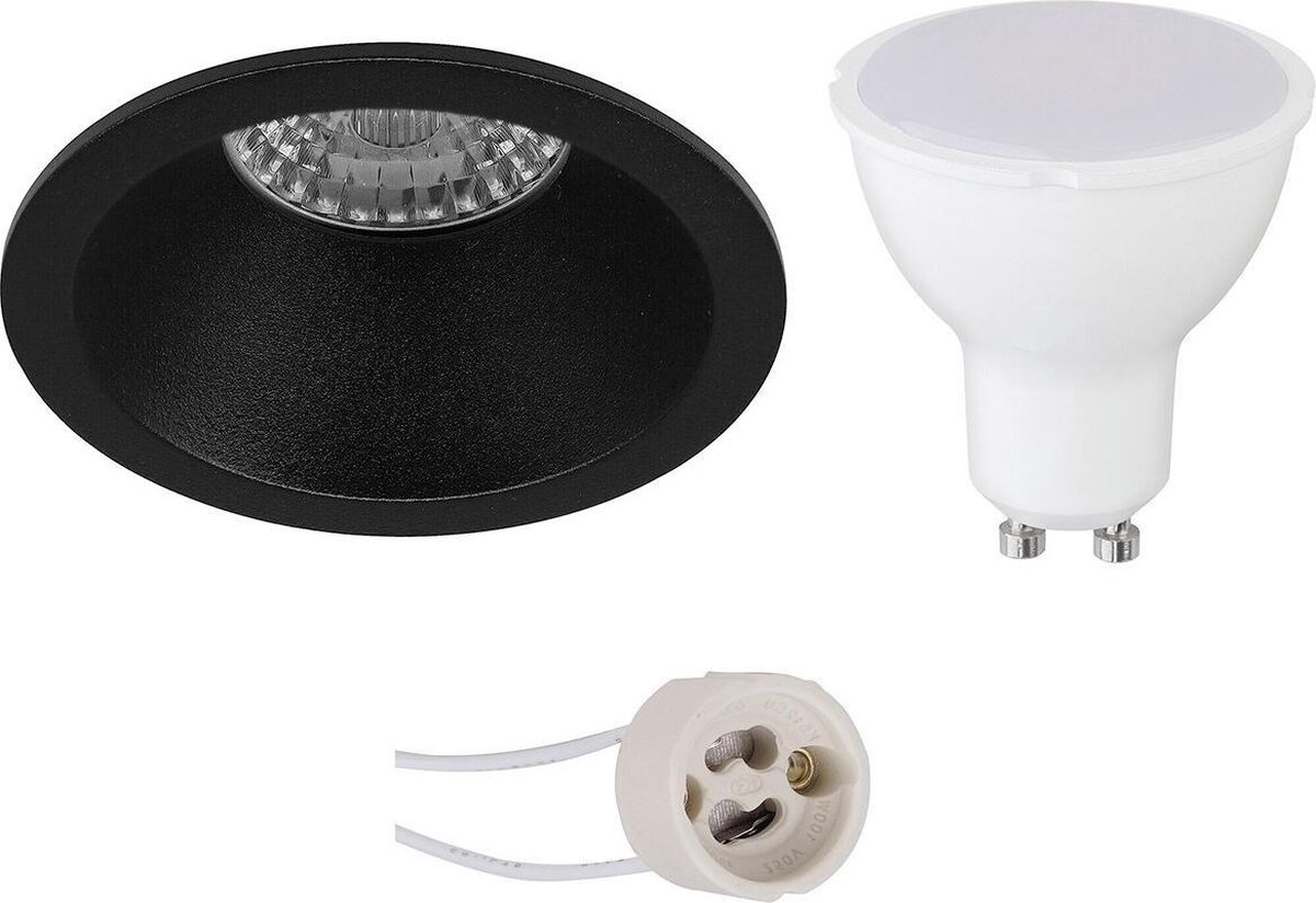 GU10 Inbouwspot Set - Mat Zwart - Inbouw Rond - Verdiept - Pragmi Pollon Pro - 4W - Warm Wit 3000K - Ø82mm