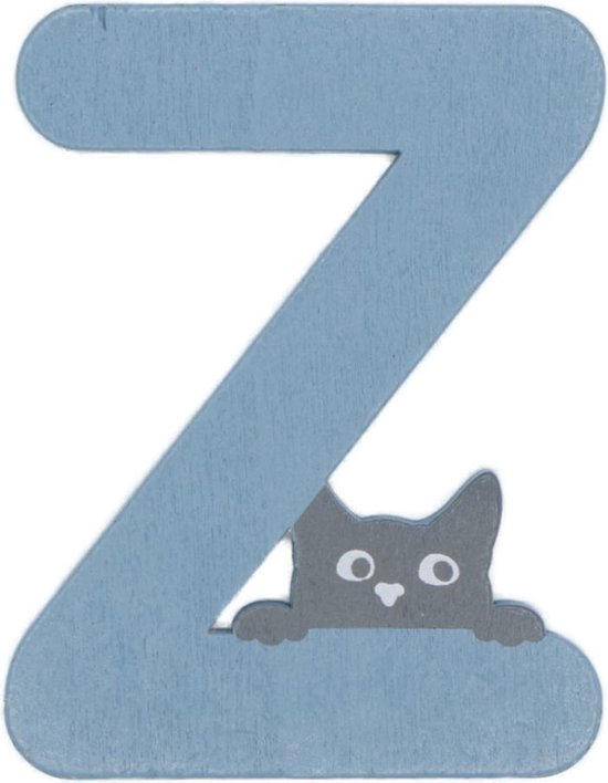 Houten Letter Z Blauw met Kat | 9 cm