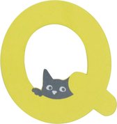 Houten Letter Q Geel met Kat | 9 cm