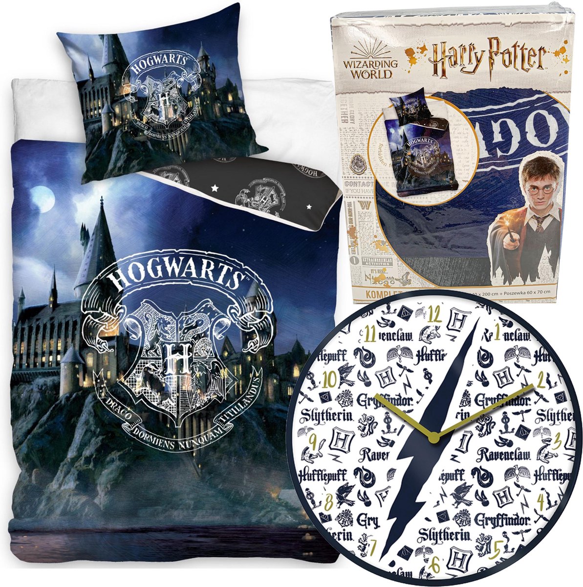 Harry Potter Dekbedovertrek Hogwarts - Eenpersoons - 140 x 200 cm - katoen - Jongens meisjes dekbed - incl. Gryffindor wandklok 25cm
