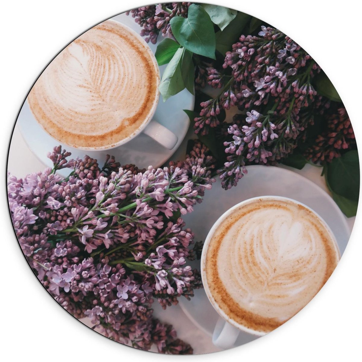 Dibond Wandcirkel - Twee Kopjes Koffie bij Bloemen - 70x70cm Foto op Aluminium Wandcirkel (met ophangsysteem)