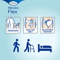 Illustraties van TENA ProSkin Flex: ergonomisch, heupband, fixatie. Iconen van lopen, lopen met rollator en slapen.